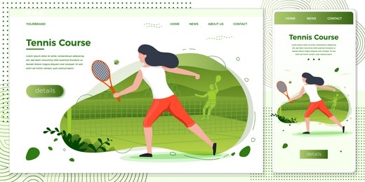 vector cross platform illustration set - sporty girl playing tennis. court, park, trees and hills on green background. browser and mobile phone template with place for your text.