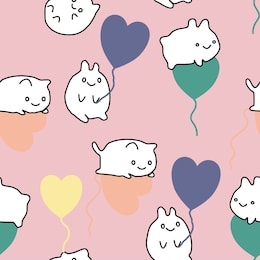 cute kawaii kittens and heart baloons in a seamless pattern design, taht can be used on the web, or in print, for surface design