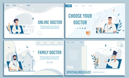 flat landing page set offering choose doctor online for consultation. different free available medical specialist. professional telemedicine and healthcare. vector cartoon design illustration