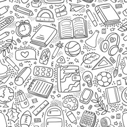 back to school outline pattern doodle. different school supplies and tools background first day of school. education pattern. pen, pencil, book, ball, globe, ball, backpack, chemistry flasks, ruler.
