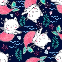 fabric with painted mermaid cats. children's textile design. vector illustration. pattern seamless.