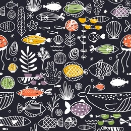 sealife doodle seamless pattern. linear graphic. kid design. scandinavian style. vector illustration