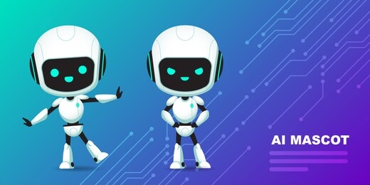 set of cute robot ai character with circuits background vector illustration