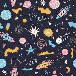 seamless space pattern. rockets, stars, planets, the solar system, constellations, cosmic elements. children vector background. printing on fabric, textile, paper.