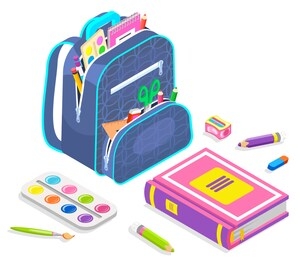 paints and tassel, pencil sharpener, notebook and scissors, ruler in backpack. school chancery, full bag, painting or writing symbol, office vector. back to school concept. flat cartoon isometric 3d