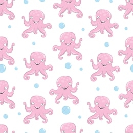 cute octopus pattern on white background with bubbles. vector illustration