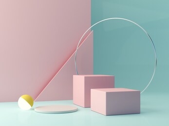 pastel colors shapes on colorful abstract background. minimal  boxes podium. summer scene with geometrical forms. empty showcase for cosmetic product presentation. fashion magazine. 3d render. 
