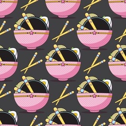 vector seamless pattern, kawaii anime style. lovely plate with food, chopsticks, eggs and ramen, noodle. perfect for background, ornament, cute texture for design