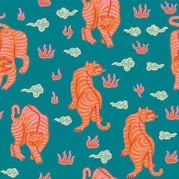 funny oriental tigers seamless pattern in vector. asian contemporary repeat print. isolated animals on the green and blue background.