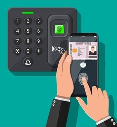 password and fingerprint security device at office or home door. hand with smartphone with id card application. access control machine, time attendance. proximity card reader. flat vector illustration