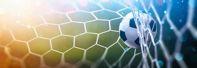 soccer ball in goal on multicolor background