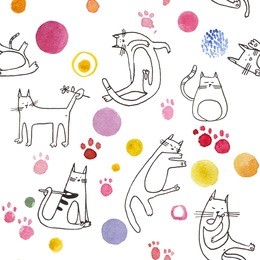 hand drawn seamless pattern with cats