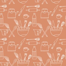 vector hand drawing engraving seamless pattern with kitchenware tools

