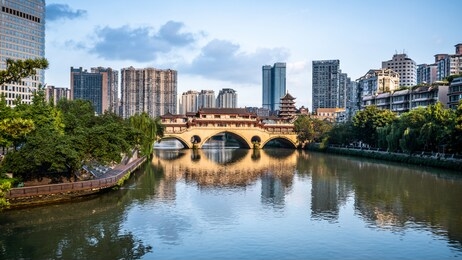view of anshun bridge on daytime and city and river panorama in chengdu sichuan china
