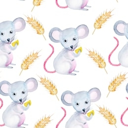 seamless pattern with mice and spikelets of wheat. watercolor hand drawn illustration.