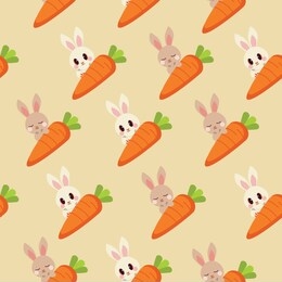 the seamless pattern of carrot and the cute brown rabbit and white rabbit. the character of cute rabit garps a big carrot. the rabbit look happy. the character of bunny in flat vector style.