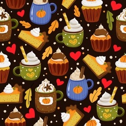 seamless vector pattern with hand drawn drinks, slice of pumpkin pie, sweets and pastry, leaves. autumn holidays and thanksgiving day illustration in doodle style