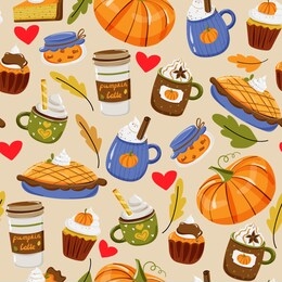 seamless vector pattern with hand drawn drinks, pumpkin pie, sweets and pastry, leaves. autumn holidays and thanksgiving day illustration in doodle style