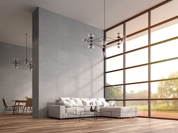 modern high ceiling loft living and dining room 3d render.the rooms have wooden floors ,decorate with white furniture,there are large window overlooks wooden terrace and large garden.