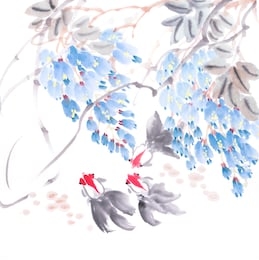 chinese watercolor painting of wisteria and golden fish