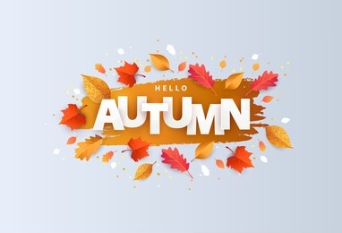 hello autumn vector illustration with phrase in paper cut style decorated with beautiful bright leaves on light background. design for greeting card, sale or promotional poster, flyer, web banner