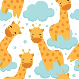 giraffe cute seamless pattern with cloud in sky, animal summer wallpaper background, cartoon vector illustration