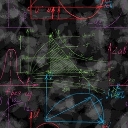 seamless pattern of math and geometry, endless handwriting and drawing of various graph solutions on chalk boards. mathematics subjects graphics. college lectures. vector. 