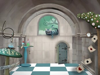 surreal room in wonderland with a cheshire cat and a table - 3d mixed media illustration