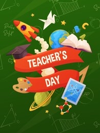 teacher's day vector background. cartoon school elements on backboard: book, cap, planets, stars, paint, rocket, tablet, molecule. template for your design