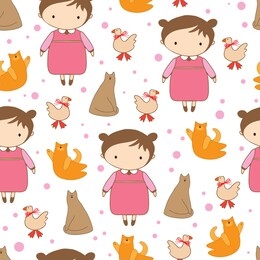 cute girl and cats with birds on a seamless background for childish design
