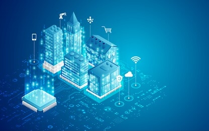 concept of smart city, microchip with buildings and electronic pattern in isometric
