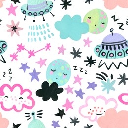 colorful childish space seamless pattern. watercolor drawings of cartoon planets, moon, stars, comets, ufo in trendy color universe background for scandi nursery design. hand painted cute illustration