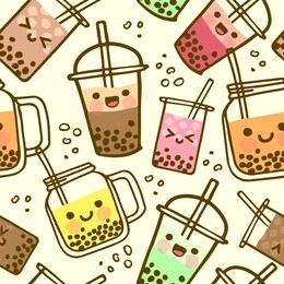 bubble milk tea funny seamless pattern. hand drawn kawaii smiled drinks. cute cartoon vector illustration. colorful background with ice tea characters.