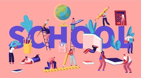 education concept with tiny male and female characters with school stationery, college or university students back to school knowledge poster banner flyer brochure. cartoon flat vector illustration