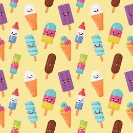 ice cream seamless pattern. funny fast food kawaii style on cream background. vector illustration.