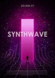 retrowave / synthwave / vaporwave illustration with laser grid landscape in the starry space, through the brightly glowing pink portal a man in a spacesuit came out. design for flyer, poster. eps 10