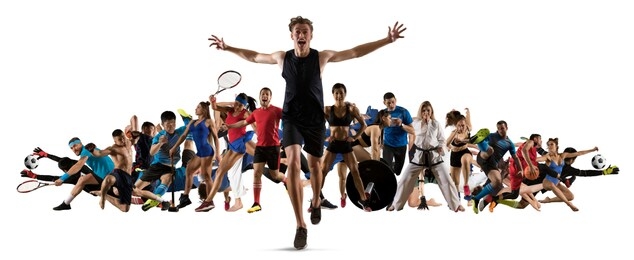 sport collage. running, soccer, fitness, bodybuilding, tennis, fighter and basketball players. mixed image. on white background