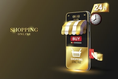 shopping online on website or gold mobile application vector concept marketing and digital marketing, black background