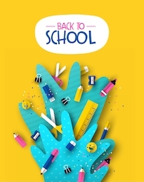back to school card illustration of colorful 3d papercut children supplies on bright color background. fun kids event design, paper cut icons include happy emoji, pencil, pen, scissors.