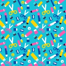 school seamless pattern illustration of colorful class supplies icons. fun children education background in modern flat cartoon style.