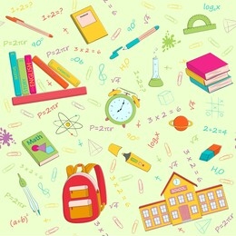 set of multicolour vector seamless pattern with school supplies and stationery. bundle of accessories for lessons, items for education of smart pupils and students. colorful hand drawn illustration