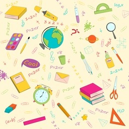 set of multicolour vector seamless pattern with school supplies and stationery. bundle of accessories for lessons, items for education of smart pupils and students. colorful hand drawn illustration