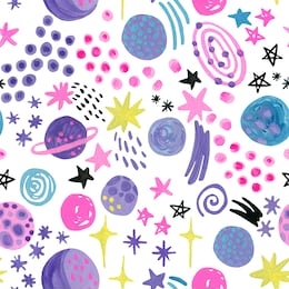 colorful childish space seamless pattern. watercolor cartoon planets, stars, comets, galaxy in bright trendy colors. universe background for scandi nursery design. hand painted cute illustration