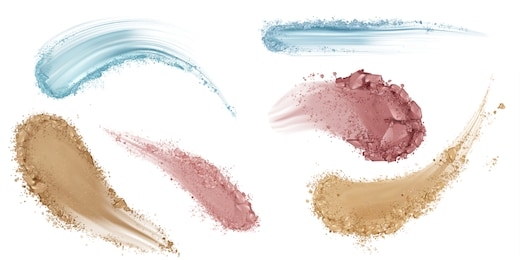 skin foundation smears, dry powder, eye shadows makeup brush strokes set. beauty make up cosmetics texture swatch, smudge trace samples isolated on white background. realistic 3d vector illustration