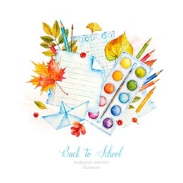 watercolor paints. paint with brushes. watercolor school. back to school. office. stationery. watercolor botanical illustration. graduation. september 1. autumn leaves. 