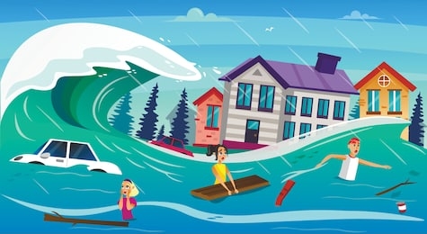 scary cartoon people in water, tsunami wave vector illustration. car drown, houses submerged. heavy flood river overflow. global warming climate change. natural disaster catastrophe