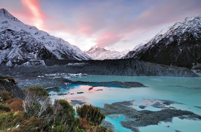 sunset at mueller glacier aoraki mt cook national par, south island, new zealand