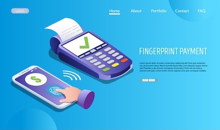 fingerprint payment vector website template, web page and landing page design for website and mobile site development. mobile contactless cards, fingerprint recognition biometric technology concept.