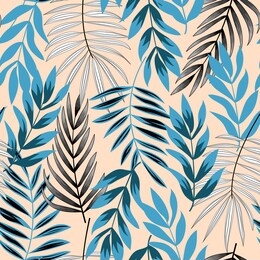 abstract seamless pattern with tropical leaves and bright colors on pastel background. print of the jungle. vector design. on a floral background. textiles and printing. exotic, tropical.