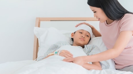 asian mother caring for daughter injured at head and stay on bed in the hospital.concept of caring for the family.